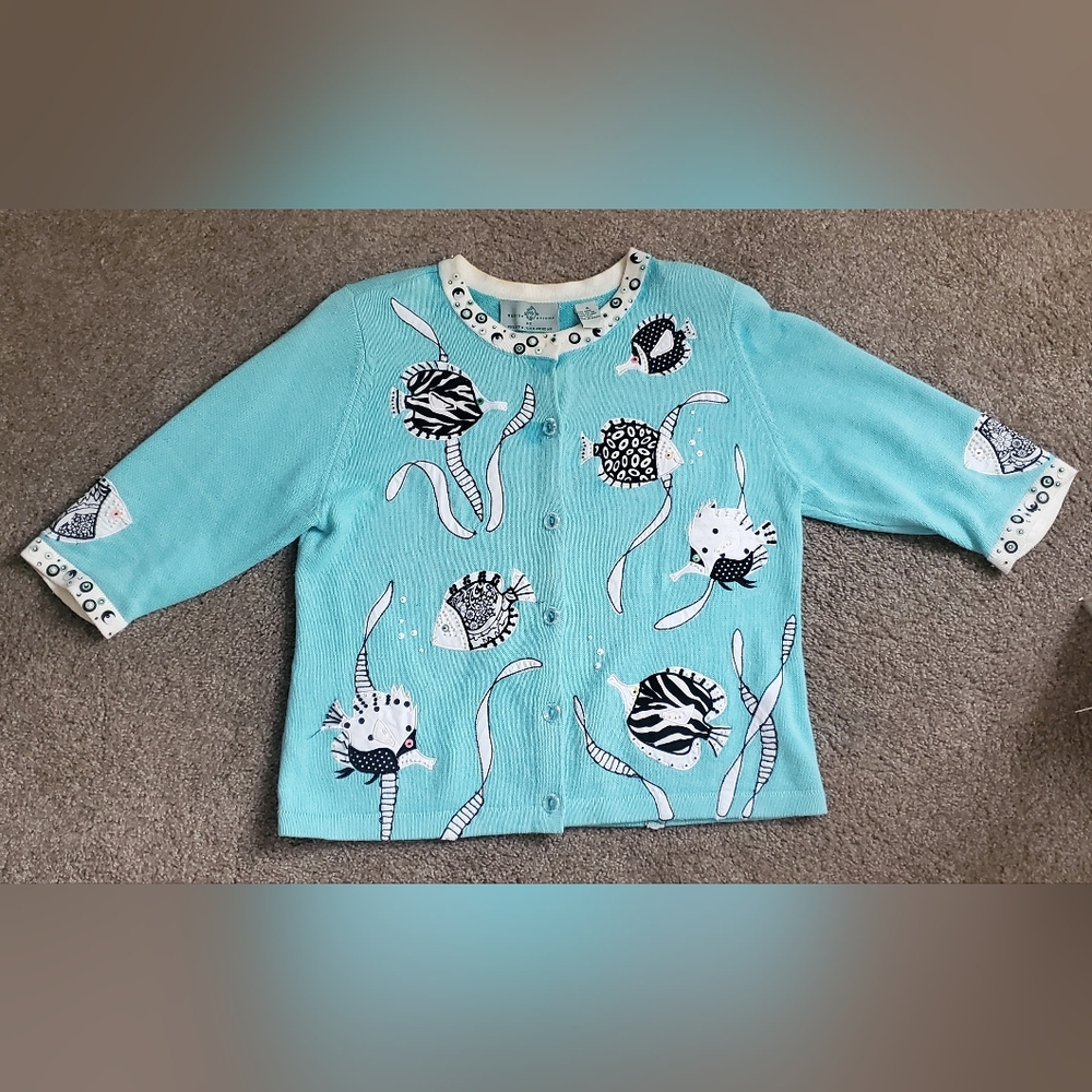 Design Options By Philip & Jane Gordon Aqua Cardigan with Beaded Fish Pattern